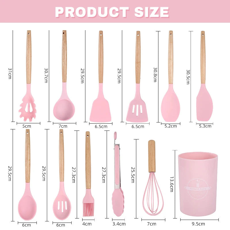 12-Piece Pink Silicone Kitchen Utensil Set with Wooden Handles