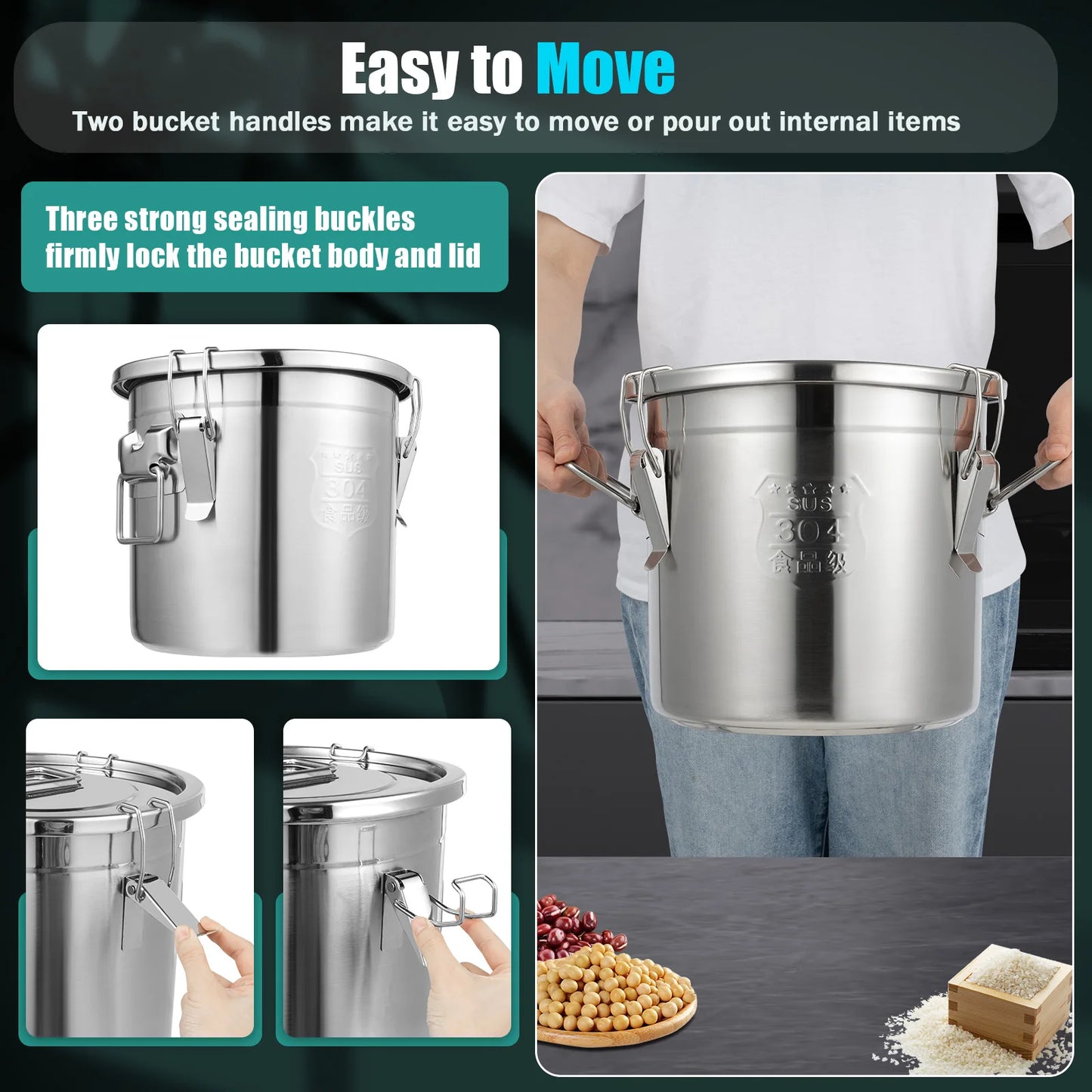 12L Stainless Steel Food Storage Container - Airtight & Durable Kitchen Canister