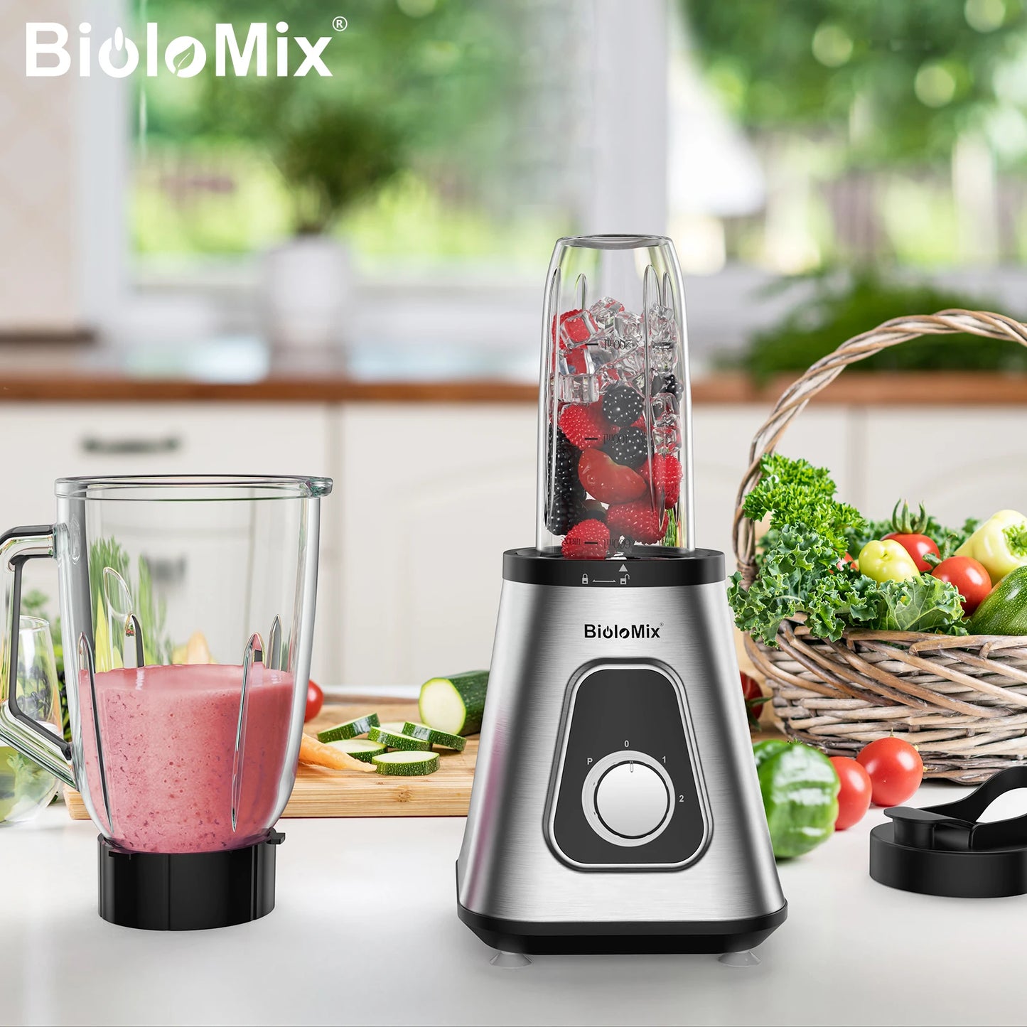 BioloMix Powerhouse 1300W Blender: 2-in-1 Smoothie Maker with Glass Jar
