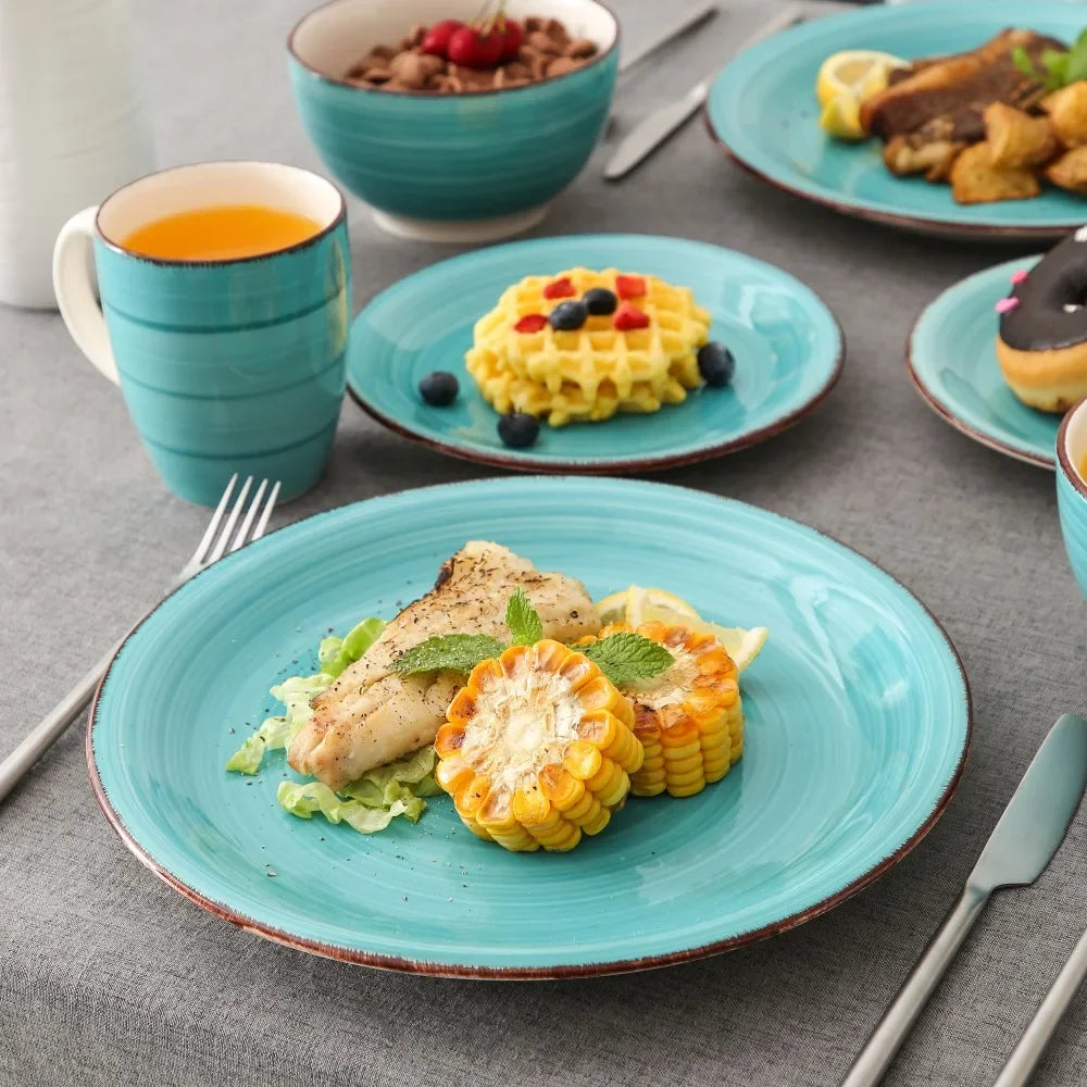 16-Piece Vintage Porcelain Dinnerware Set - Teal Ceramic Plates, Bowls & Mugs