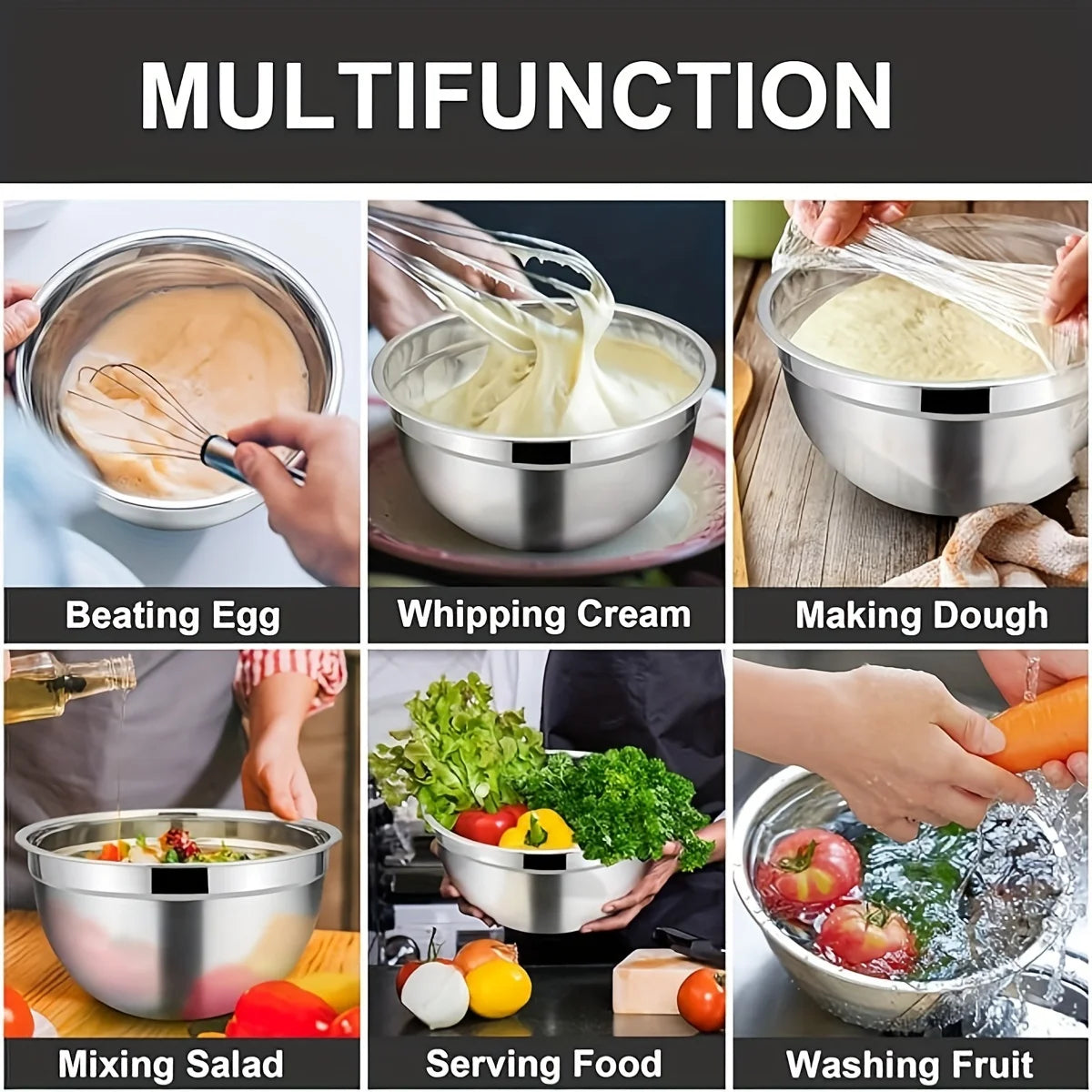 8-Piece Stainless Steel Mixing Bowl Set with Airtight Lids & Graters