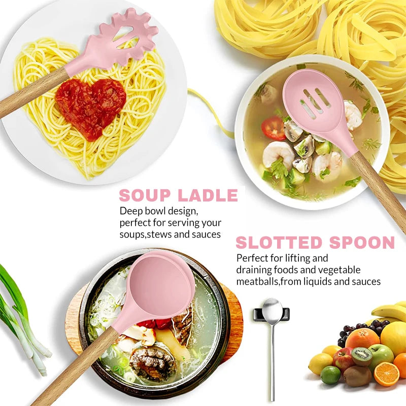 12-Piece Pink Silicone Kitchen Utensil Set with Wooden Handles