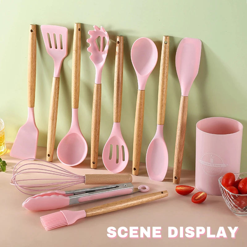 12-Piece Pink Silicone Kitchen Utensil Set with Wooden Handles