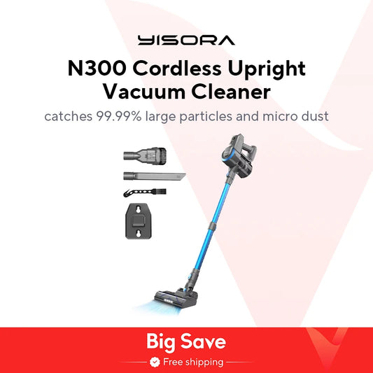 YISORA N300 Cordless Vacuum | 20KPa Powerful & Lightweight Stick Vac for Pet Hair, Carpet, and Hard Floors