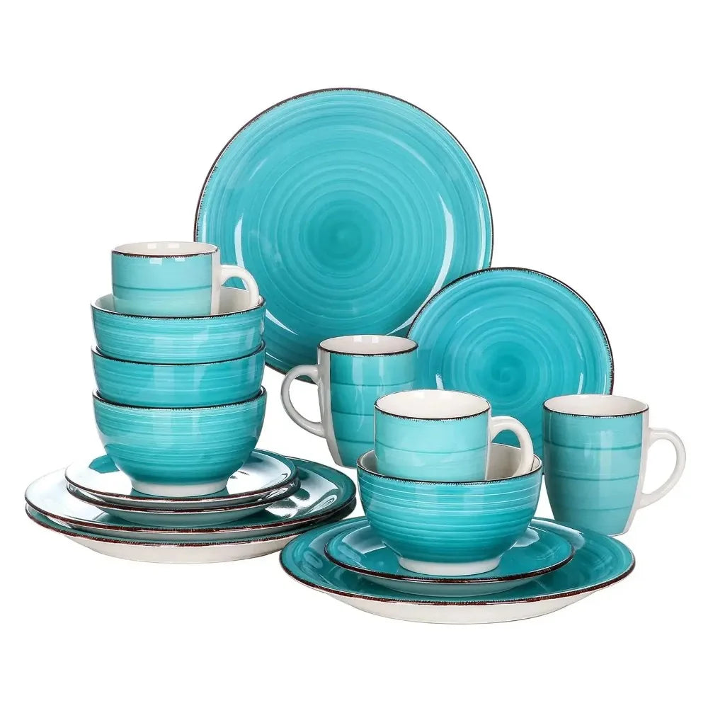 16-Piece Vintage Porcelain Dinnerware Set - Teal Ceramic Plates, Bowls & Mugs
