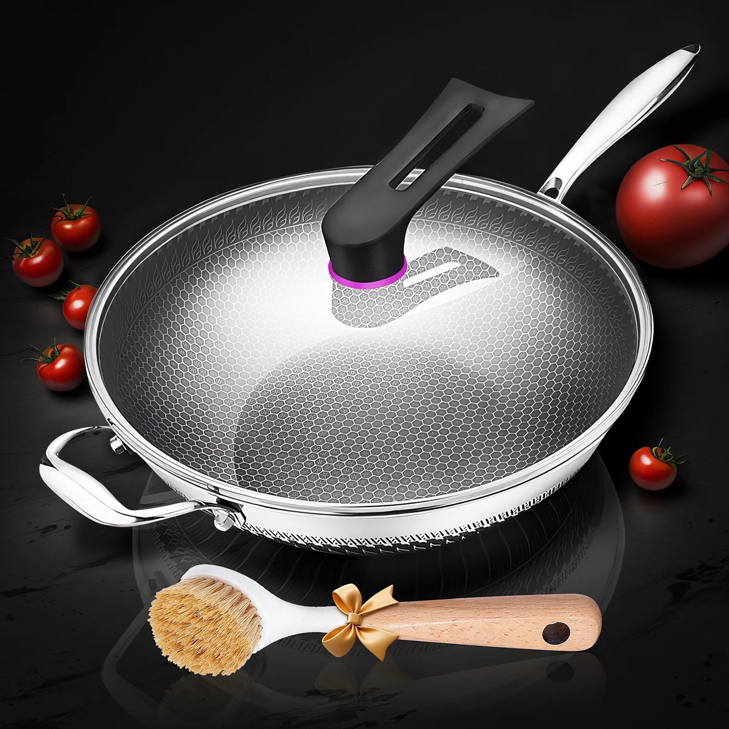 13-Inch Non-Stick Wok Pan with Lid – Stainless Steel Stir-Fry Pan for All Cooktops