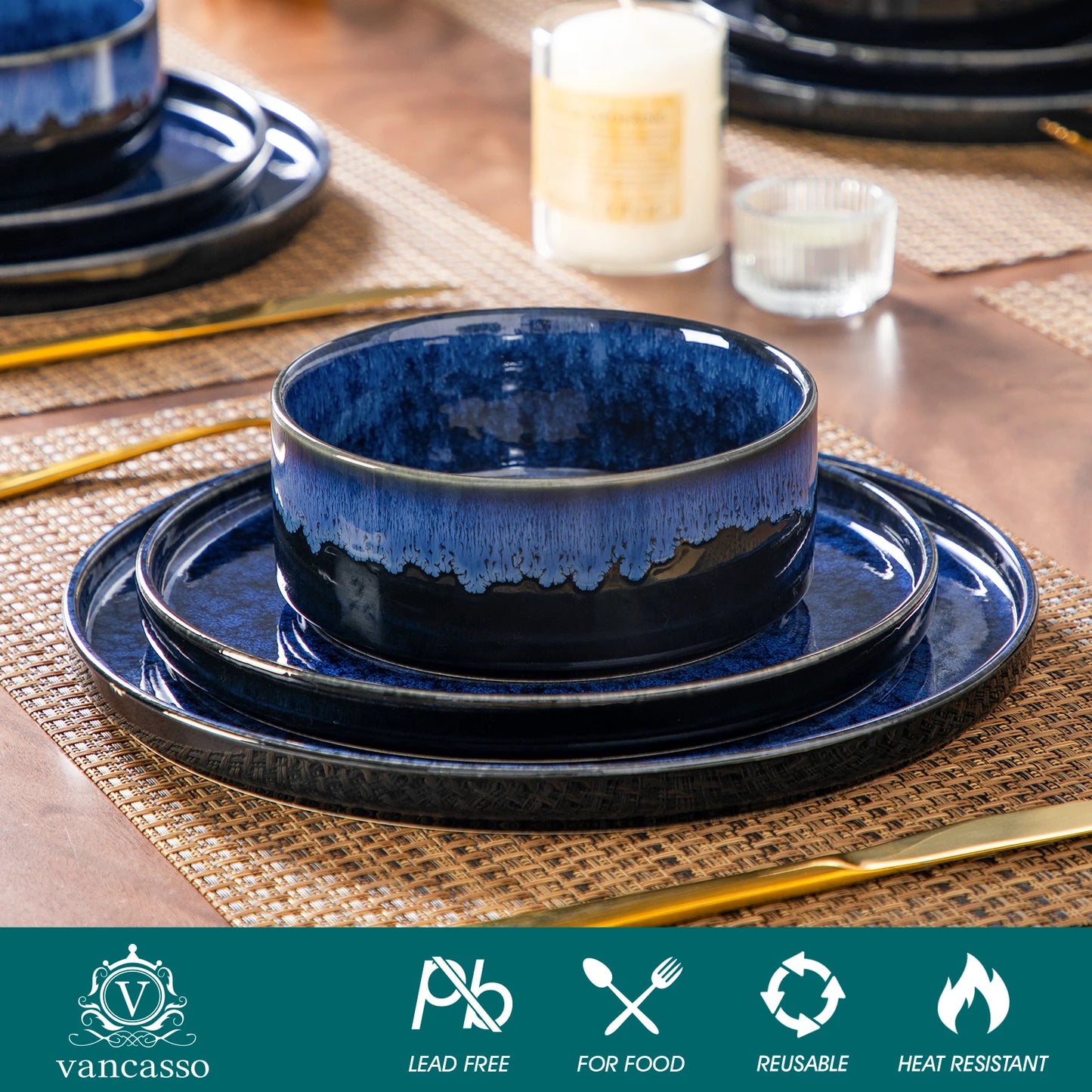 Elegant Blue Reactive Glaze Dinnerware Set - 12, 24, or 36 Pieces