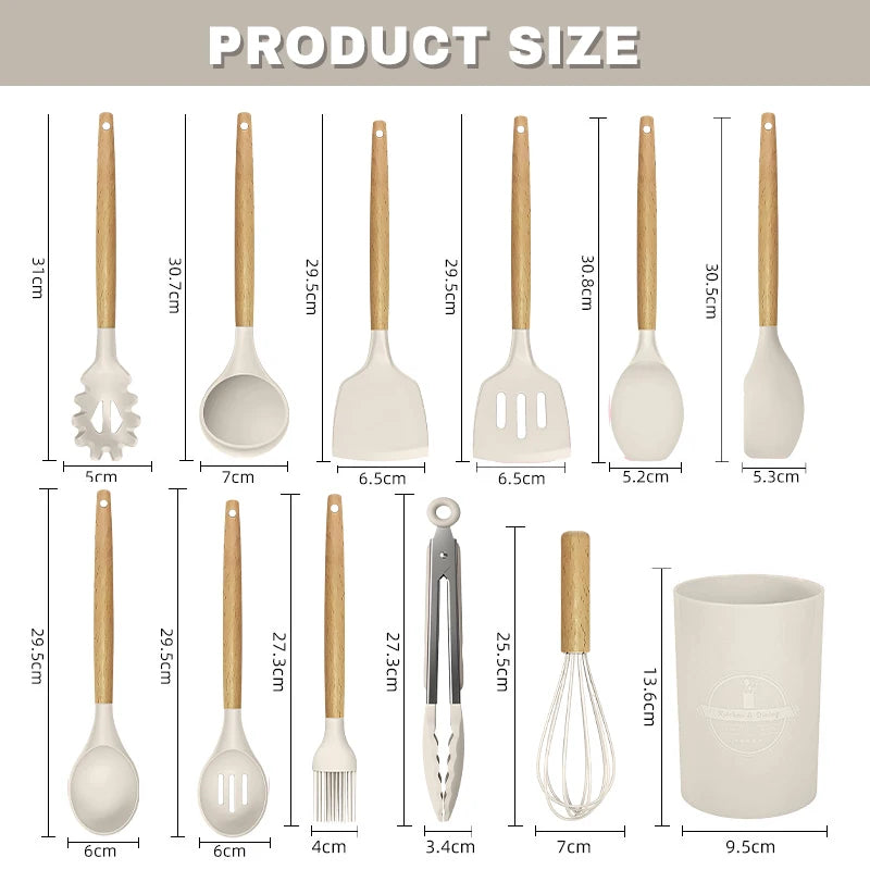 12-Piece Pink Silicone Kitchen Utensil Set with Wooden Handles