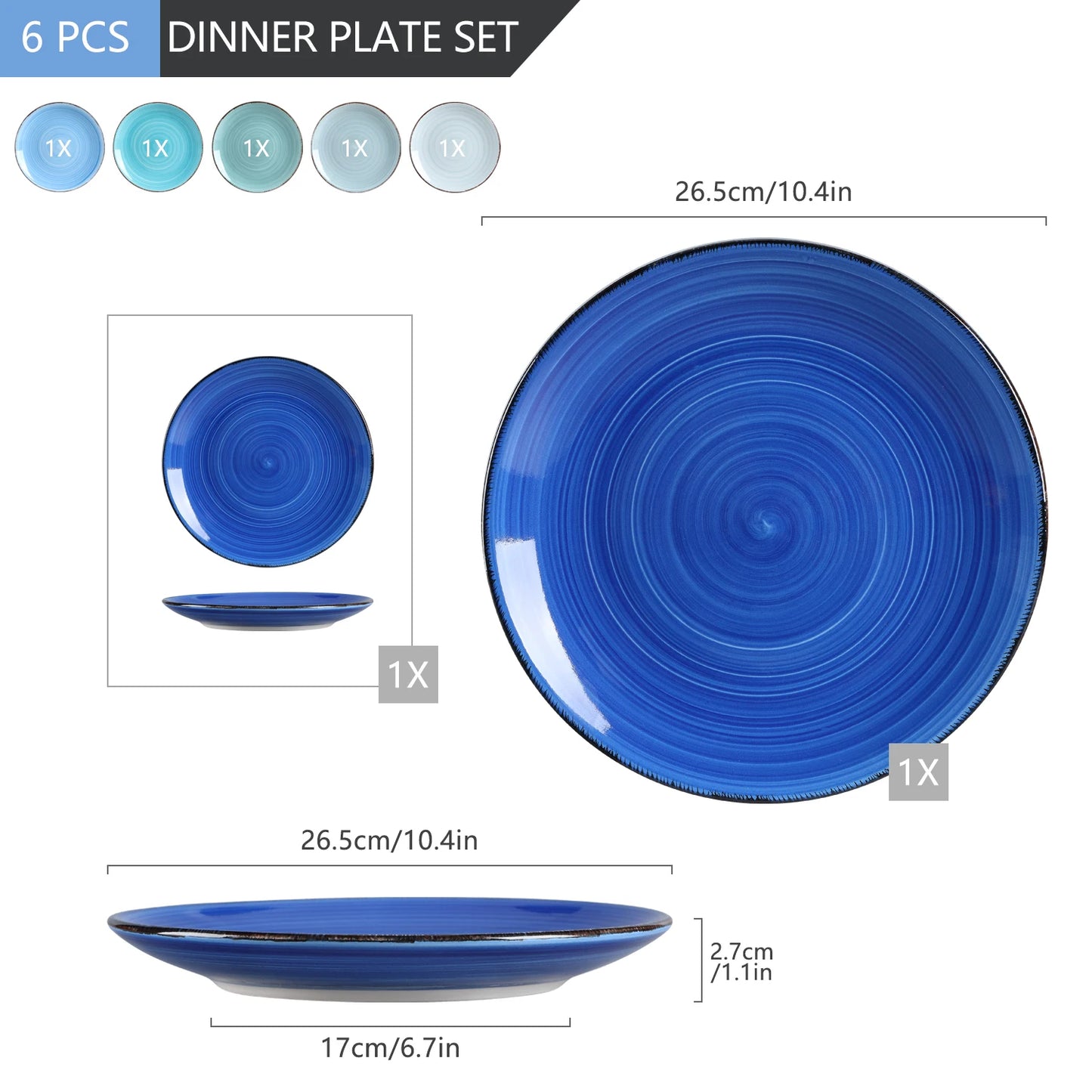 vancasso Bonita Blue 10.4 inch Dinner Plate Set of 6, Handpainted Big Plate Set in Rustic Look, 26.5cm Serving Plate for Dinner/