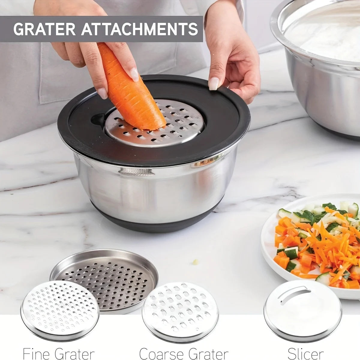 8-Piece Stainless Steel Mixing Bowl Set with Airtight Lids & Graters