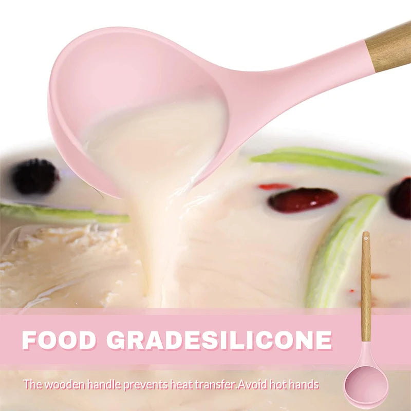 12-Piece Pink Silicone Kitchen Utensil Set with Wooden Handles