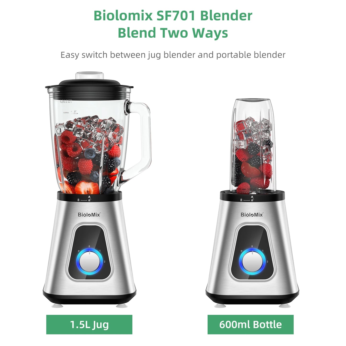 BioloMix Powerhouse 1300W Blender: 2-in-1 Smoothie Maker with Glass Jar