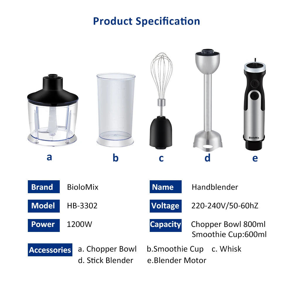 5-in-1 Immersion Blender: Powerful 1200W Hand Blender with Chopper & Whisk