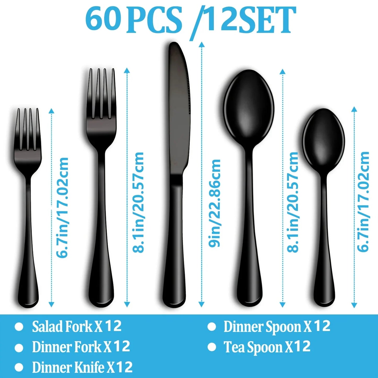 60-Piece Black Flatware Set: Elegant Stainless Steel Cutlery for 12