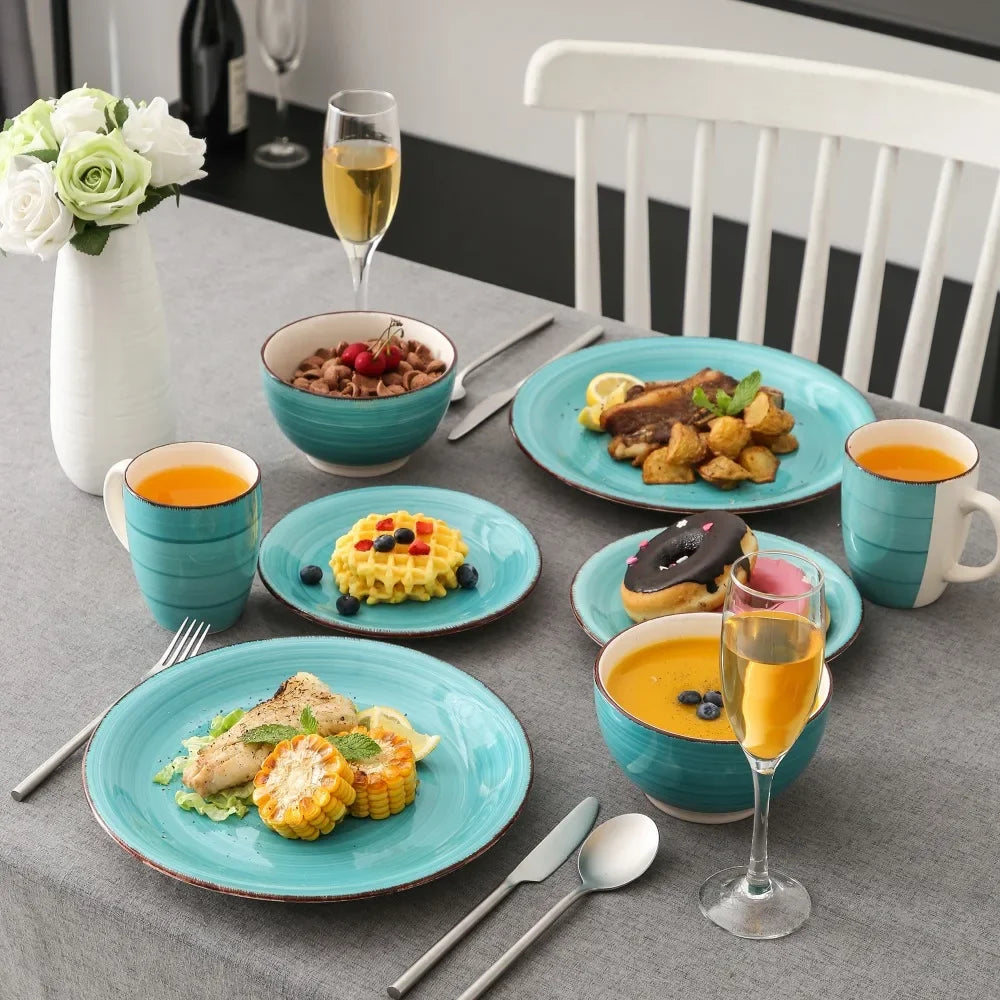 16-Piece Vintage Porcelain Dinnerware Set - Teal Ceramic Plates, Bowls & Mugs