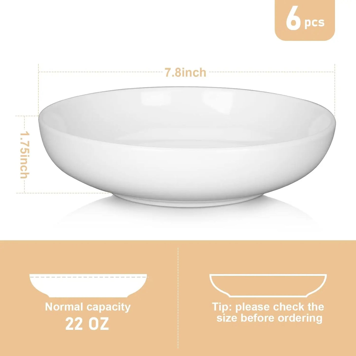 6-Pack 22oz Porcelain Pasta Bowls - Elegant White Ceramic Dinnerware Set