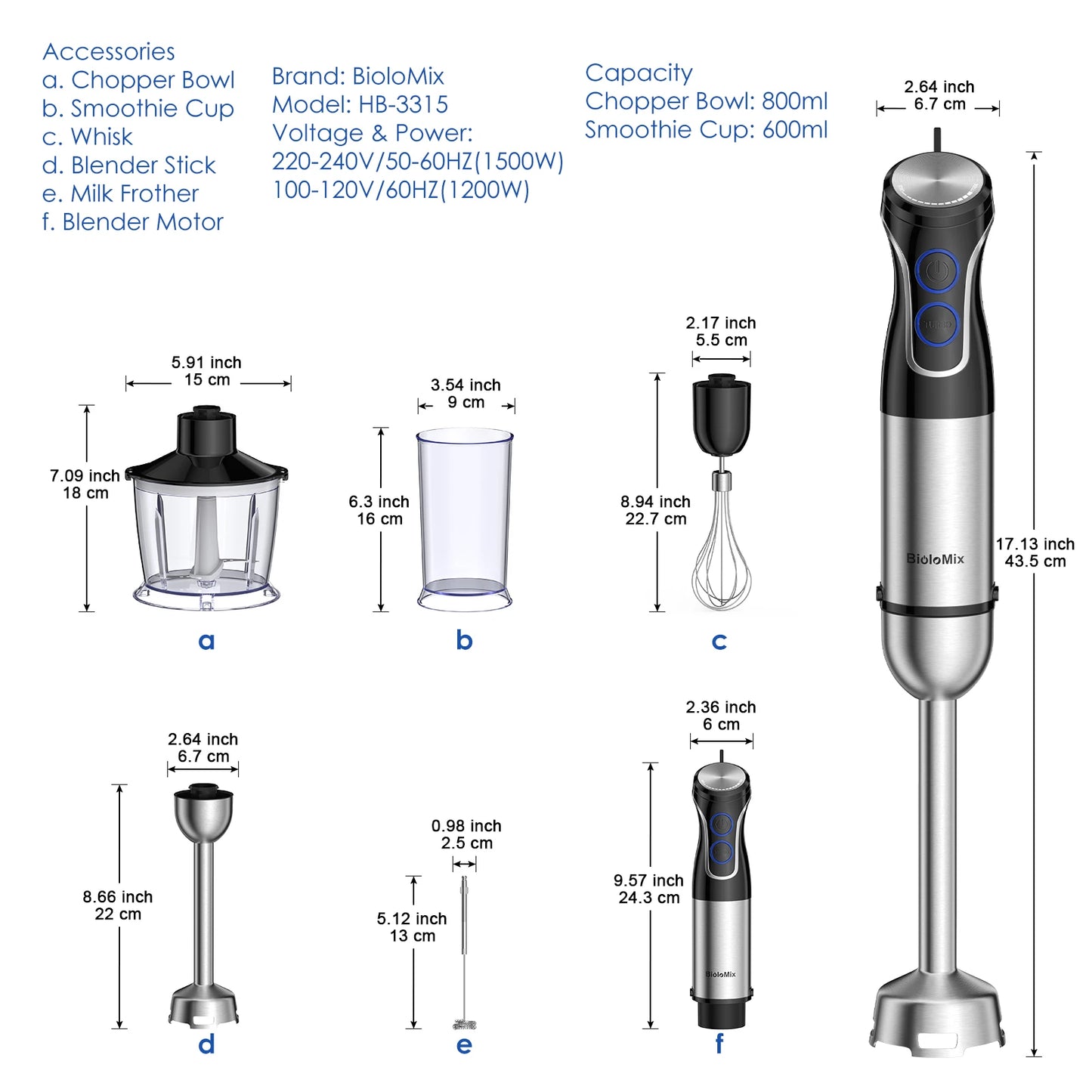 BioloMix 5-in-1 Immersion Blender: Powerful Hand Blender with Chopper, Whisk & Frother