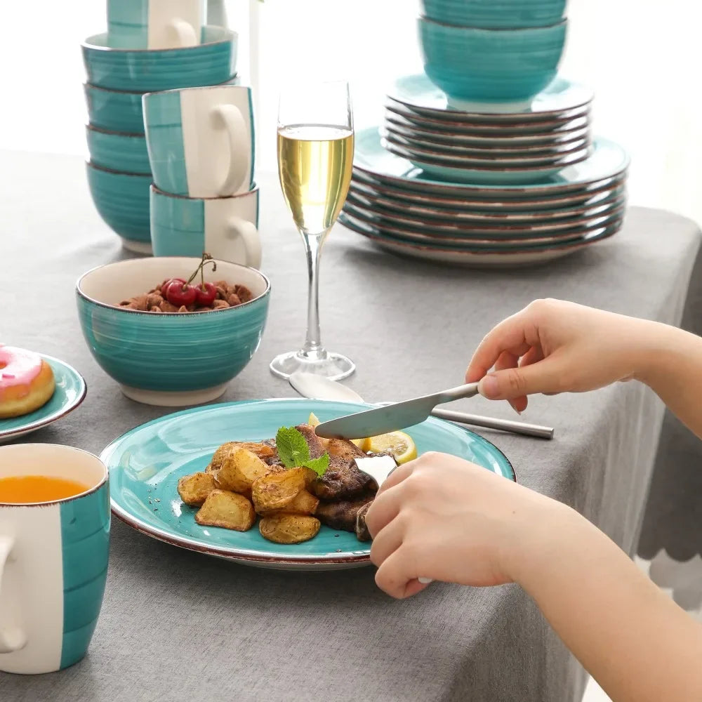 16-Piece Vintage Porcelain Dinnerware Set - Teal Ceramic Plates, Bowls & Mugs