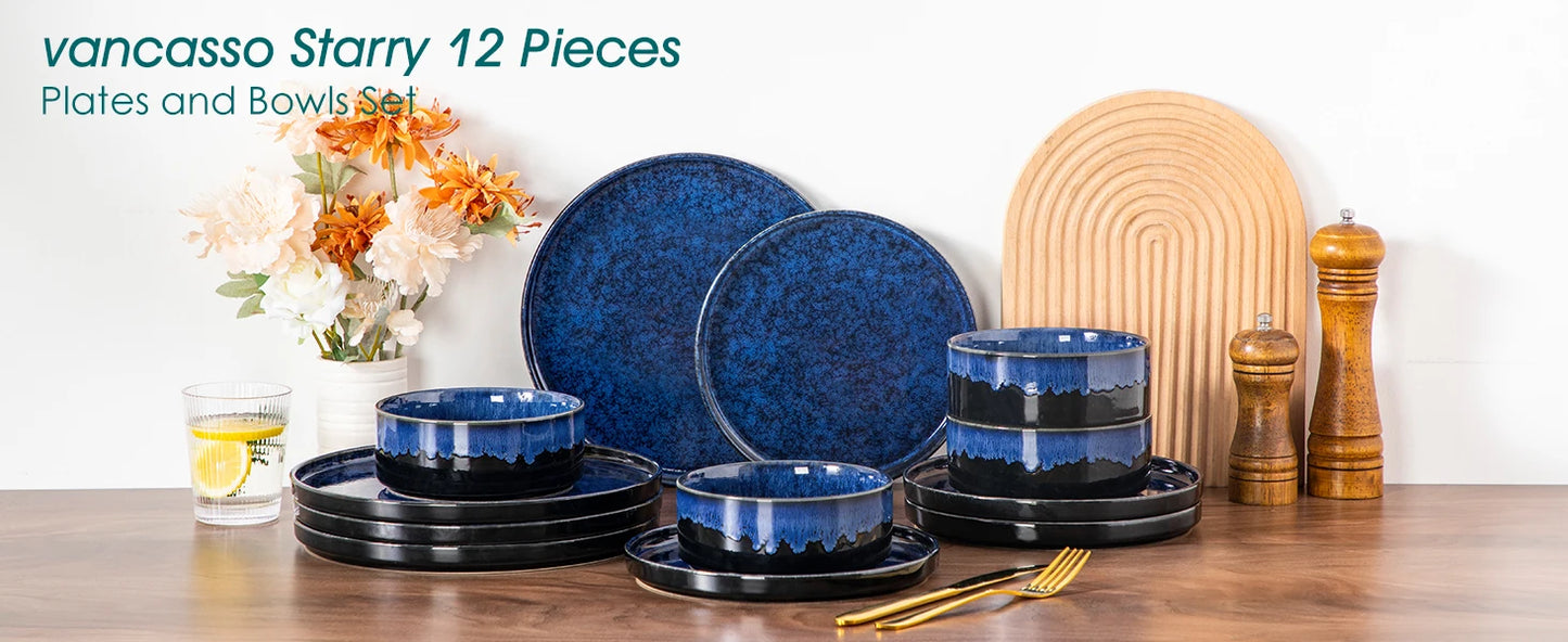 Elegant Blue Reactive Glaze Dinnerware Set - 12, 24, or 36 Pieces