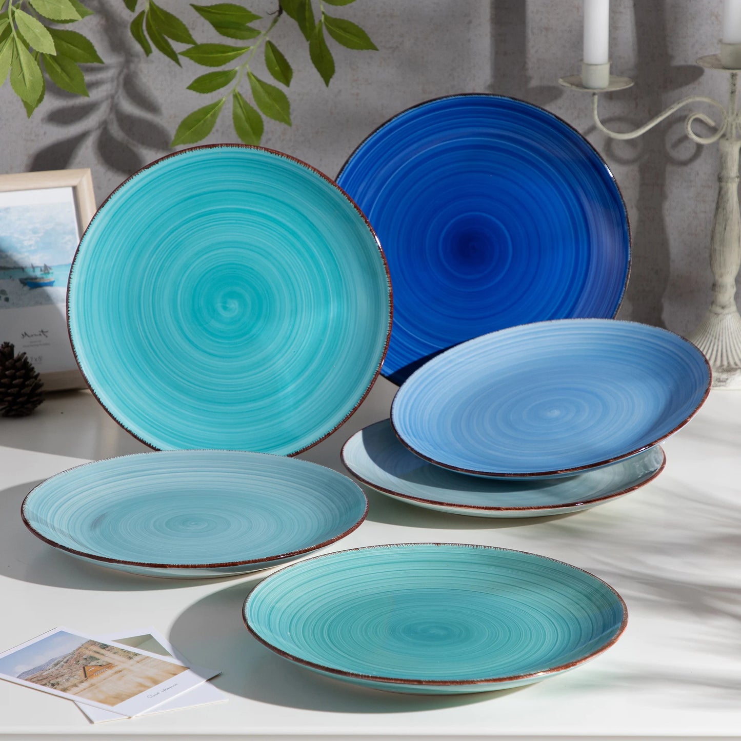 vancasso Bonita Blue 10.4 inch Dinner Plate Set of 6, Handpainted Big Plate Set in Rustic Look, 26.5cm Serving Plate for Dinner/