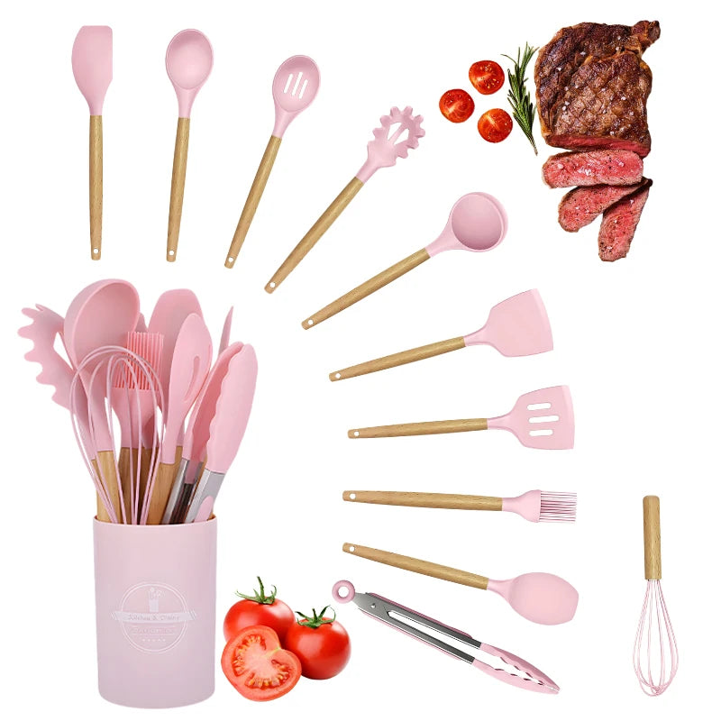12-Piece Pink Silicone Kitchen Utensil Set with Wooden Handles