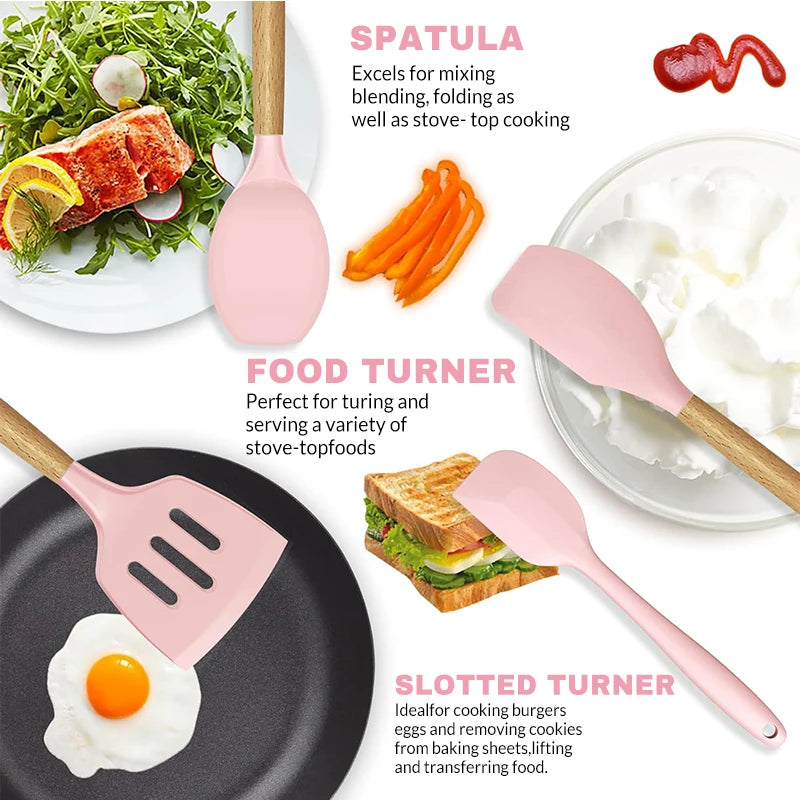 12-Piece Pink Silicone Kitchen Utensil Set with Wooden Handles