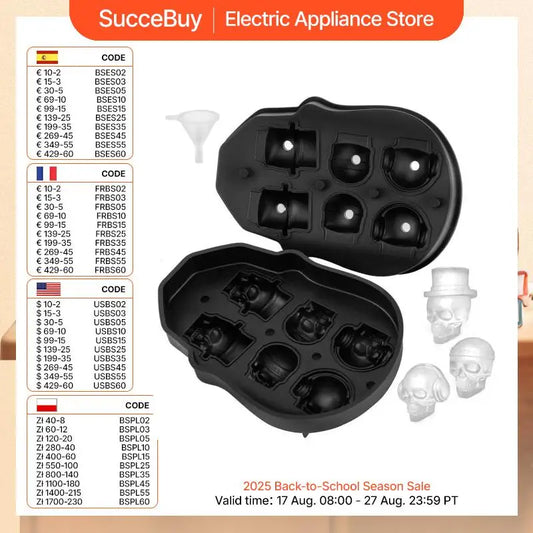 VEVOR Skull Ice Cube Tray – 3D Skull Mold Silicone Ice Ball Maker | 4/6 Grid Food-Grade Tray with Funnel for Whiskey, Cocktails & Parties