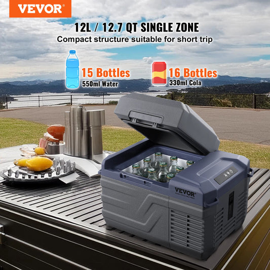 VEVOR 12L Portable Refrigerator Freezer with Bluetooth App | 12V/24V DC & AC Electric Cooler for Car, Camping & Truck