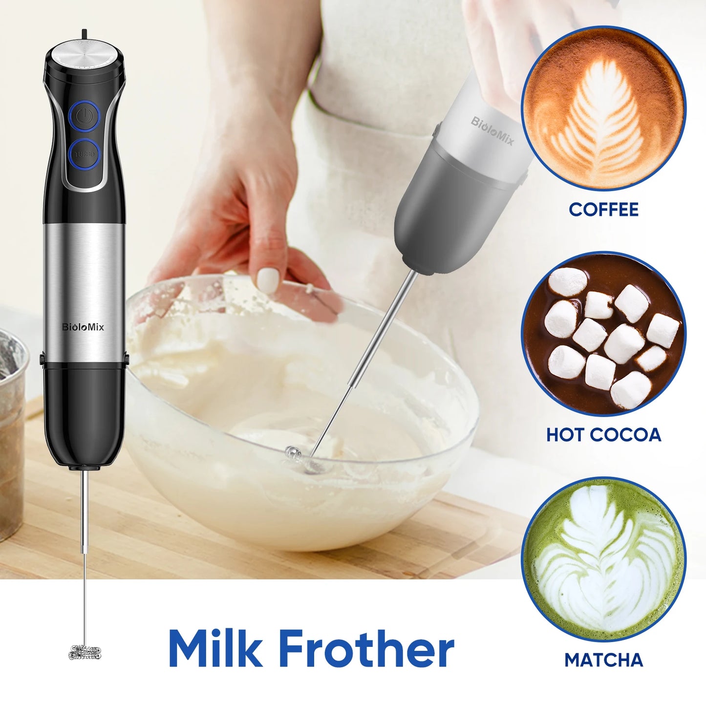 BioloMix 5-in-1 Immersion Blender: Powerful Hand Blender with Chopper, Whisk & Frother