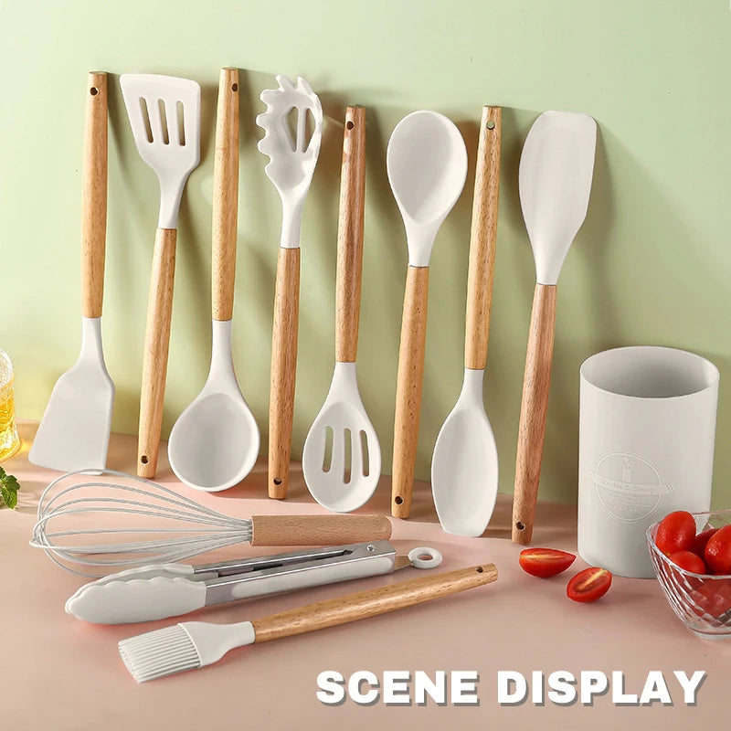 12-Piece Pink Silicone Kitchen Utensil Set with Wooden Handles