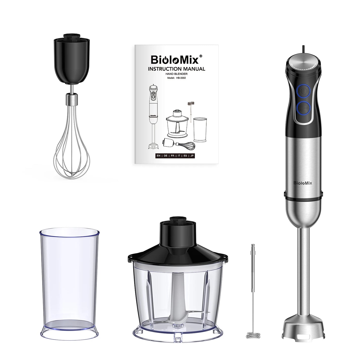 BioloMix 5-in-1 Immersion Blender: Powerful Hand Blender with Chopper, Whisk & Frother