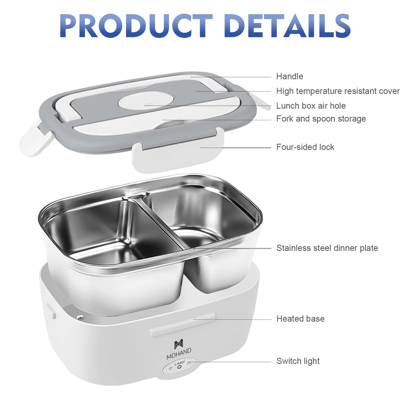 Portable Electric Lunch Box Warmer - 65W Fast Heating, 1.5L Stainless Steel