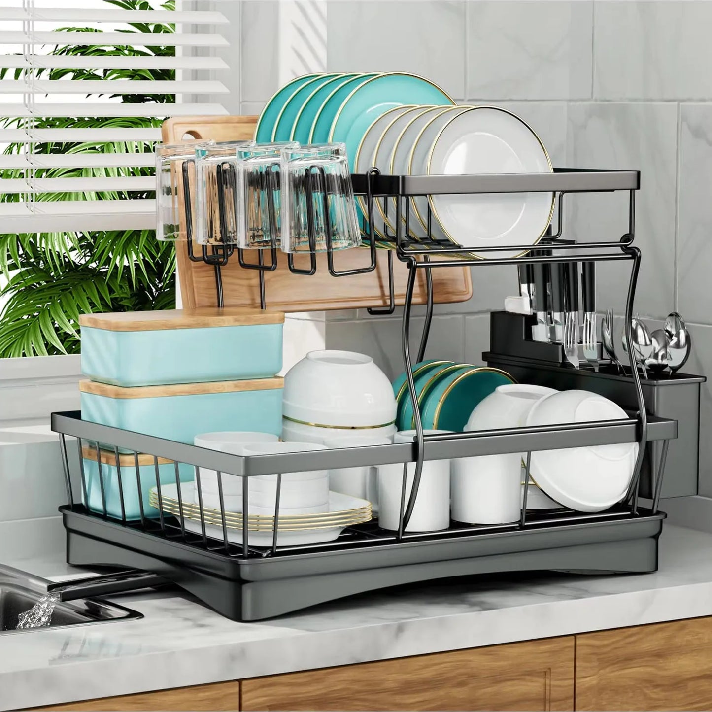 2-Tier Dish Drying Rack: Large Capacity Kitchen Organizer