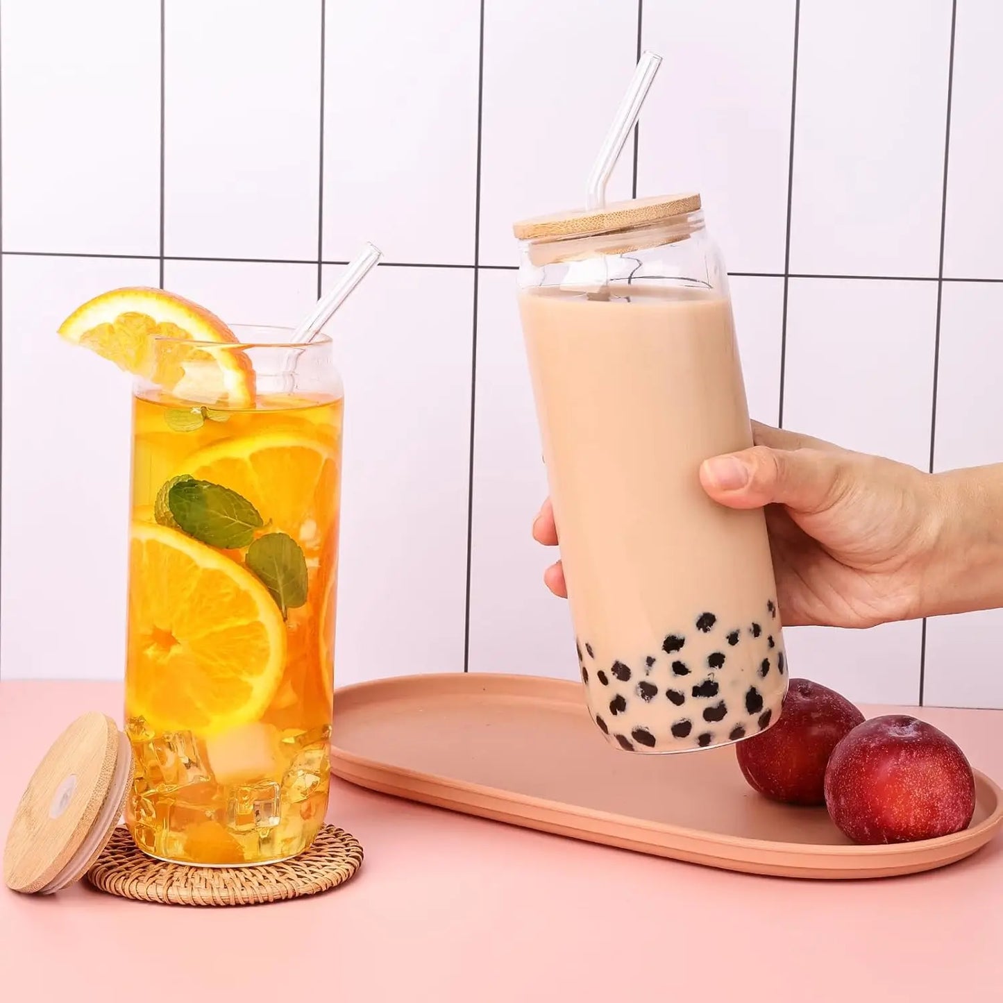 4Pcs Stylish Glass Cup Set with Bamboo Lids & Straws