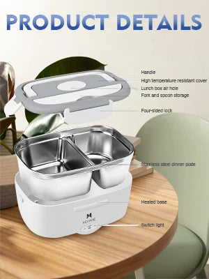 Portable Electric Lunch Box Warmer - 65W Fast Heating, 1.5L Stainless Steel