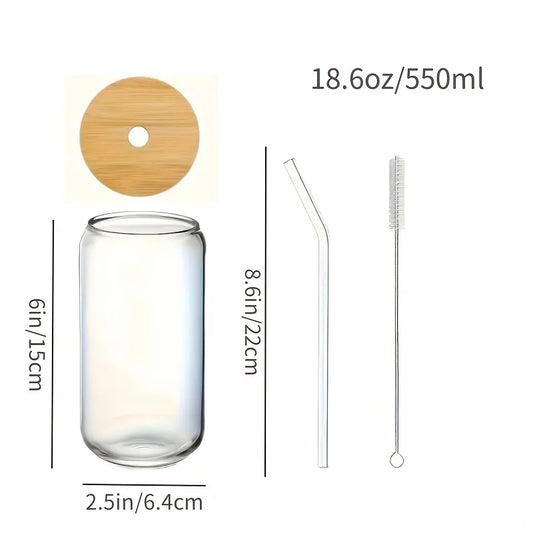 4Pcs Stylish Glass Cup Set with Bamboo Lids & Straws