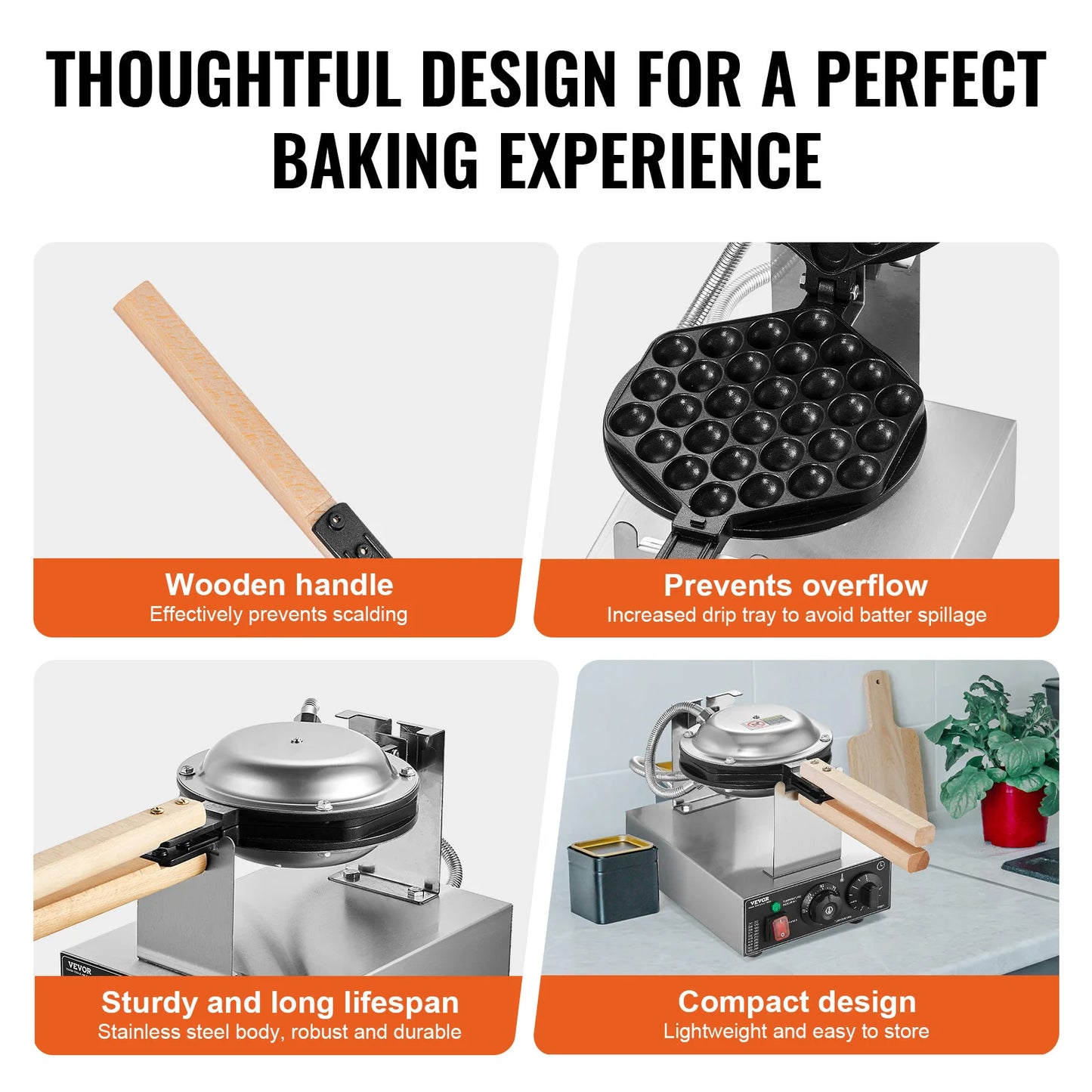 Professional 1400W Bubble Waffle Maker - Electric Non-Stick Egg Puff & Hong Kong Waffle Iron with 180° Rotation