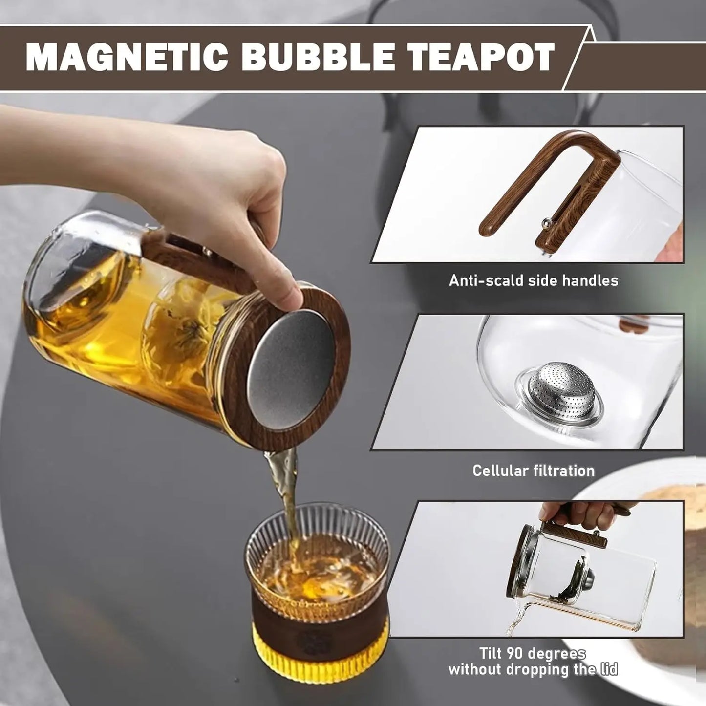 Magnetic Glass Teapot with Wooden Handle - 600ml