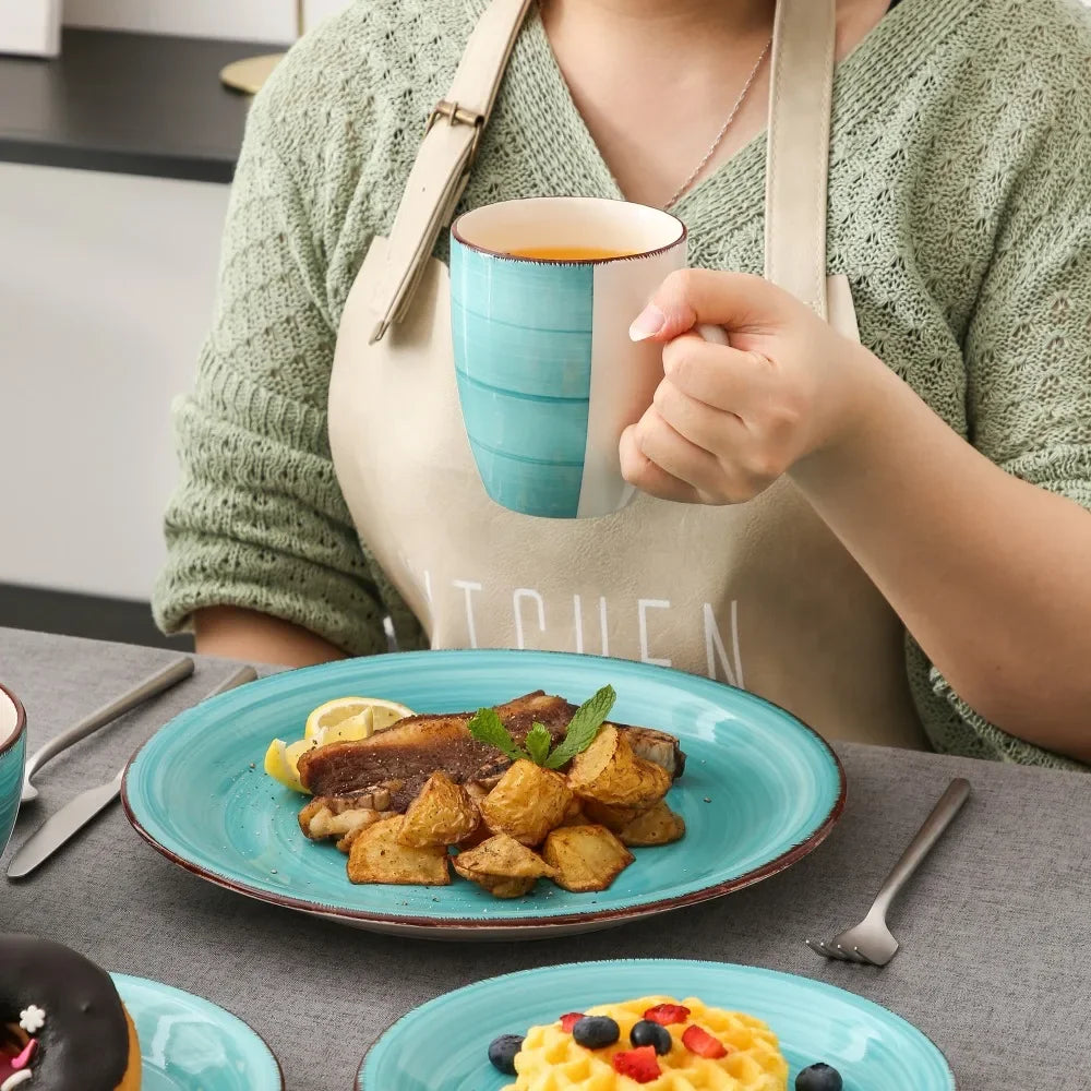 16-Piece Vintage Porcelain Dinnerware Set - Teal Ceramic Plates, Bowls & Mugs