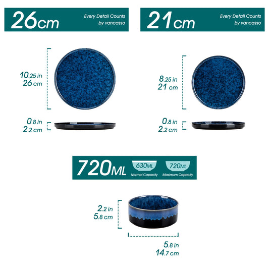 Elegant Blue Reactive Glaze Dinnerware Set - 12, 24, or 36 Pieces