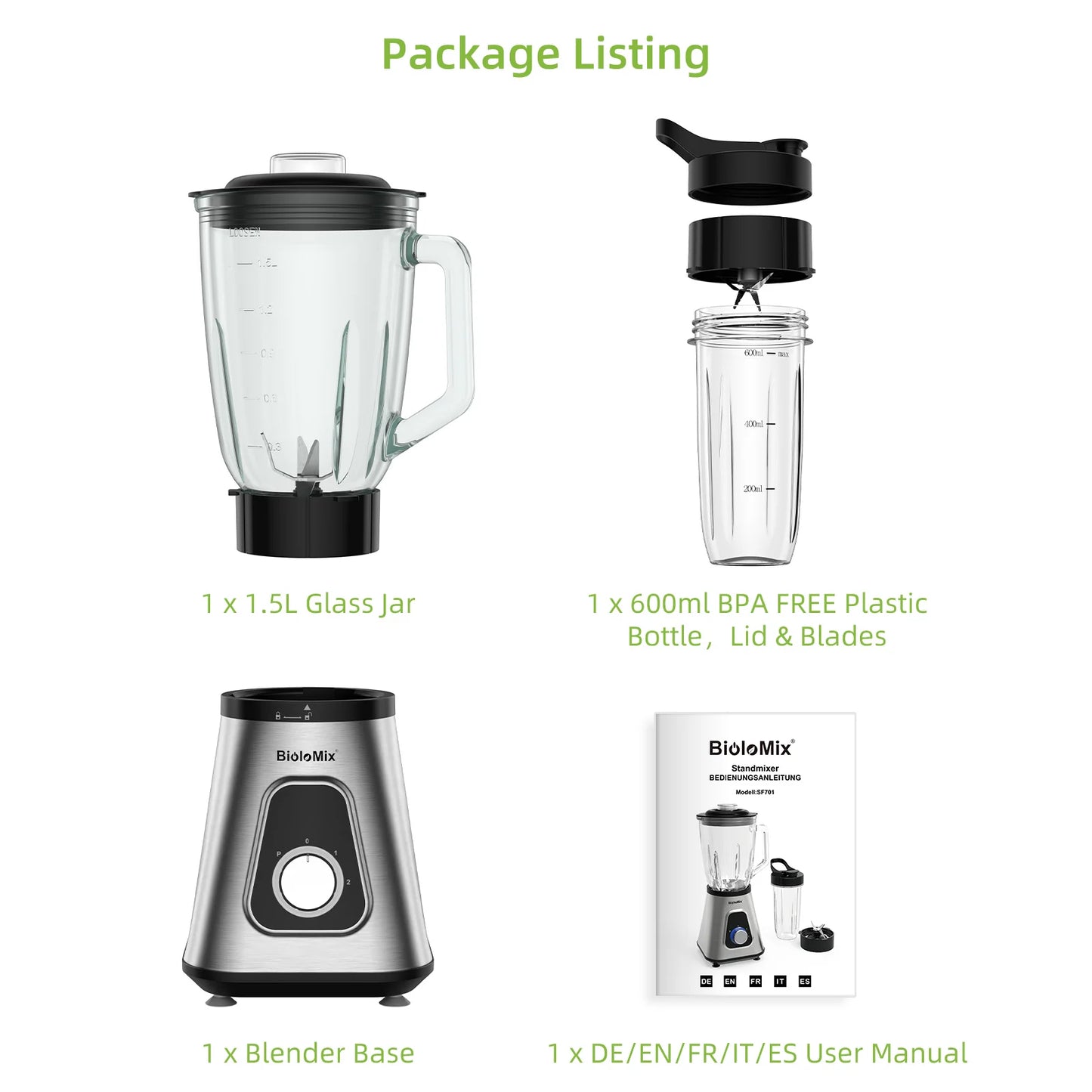 BioloMix Powerhouse 1300W Blender: 2-in-1 Smoothie Maker with Glass Jar
