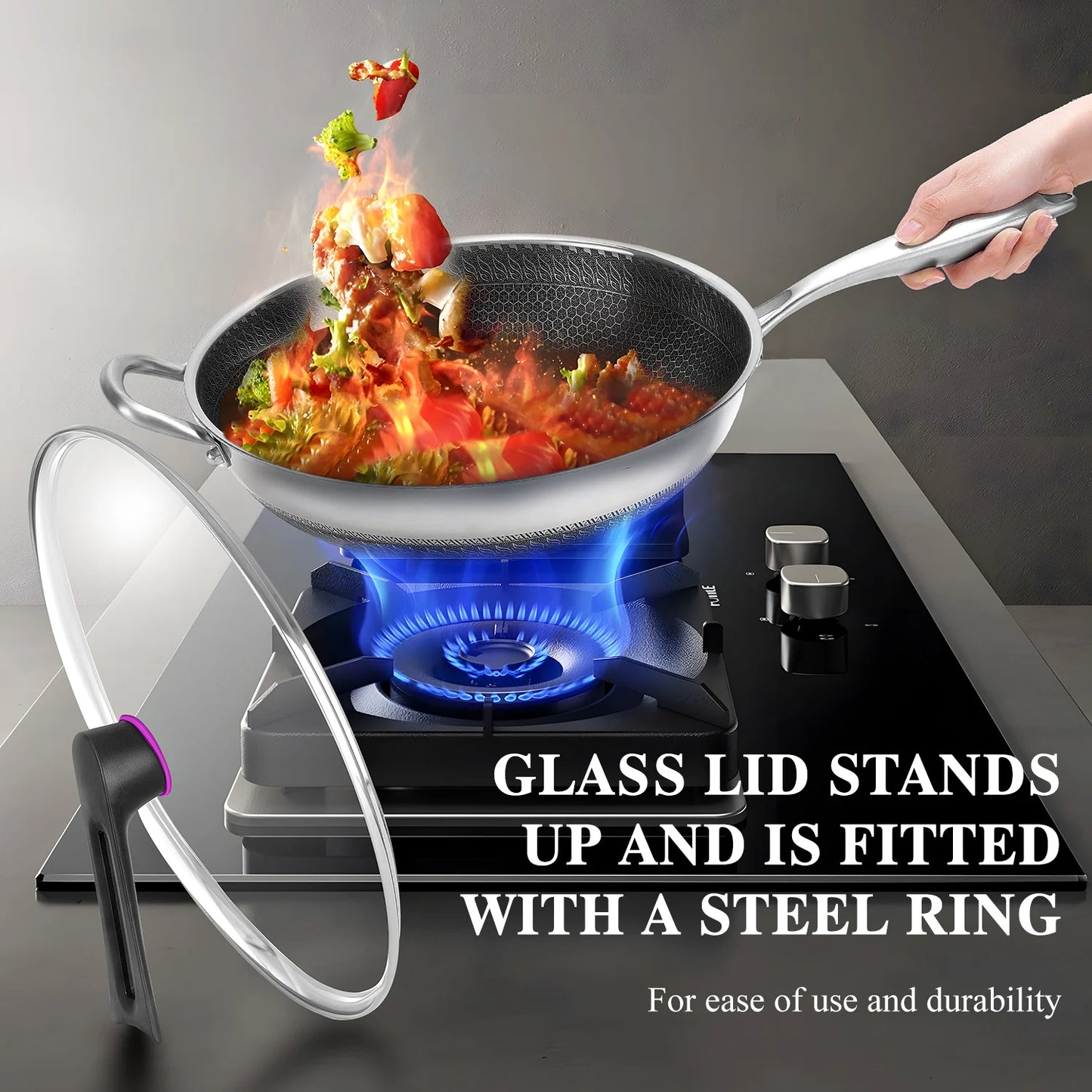 13-Inch Non-Stick Wok Pan with Lid – Stainless Steel Stir-Fry Pan for All Cooktops
