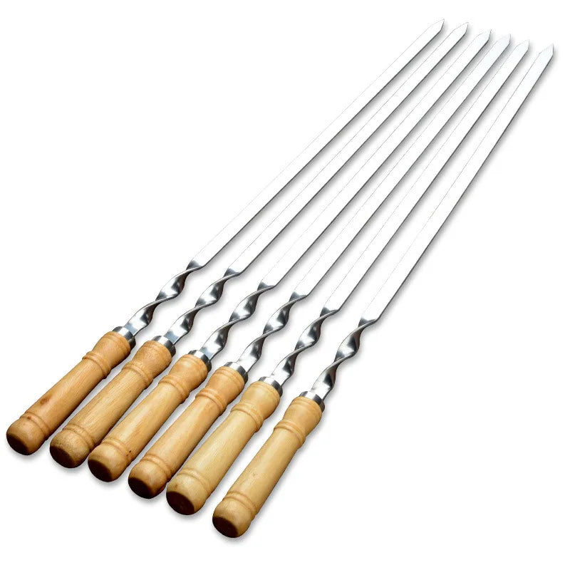 55cm Wood BBQ Fork BBQ Skewers Long Handle Kebab Barbecue Grill Sticks Reusable Stainless steel Outdoor Camping Grill Needle