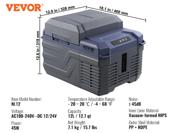 VEVOR 12L Portable Refrigerator Freezer with Bluetooth App | 12V/24V DC & AC Electric Cooler for Car, Camping & Truck