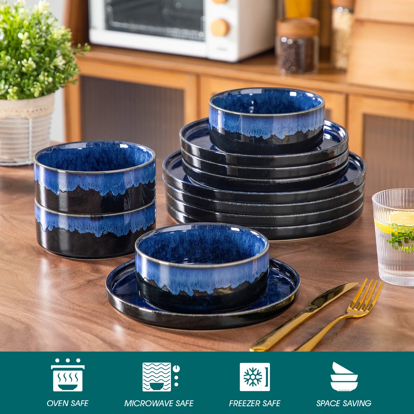 Elegant Blue Reactive Glaze Dinnerware Set - 12, 24, or 36 Pieces