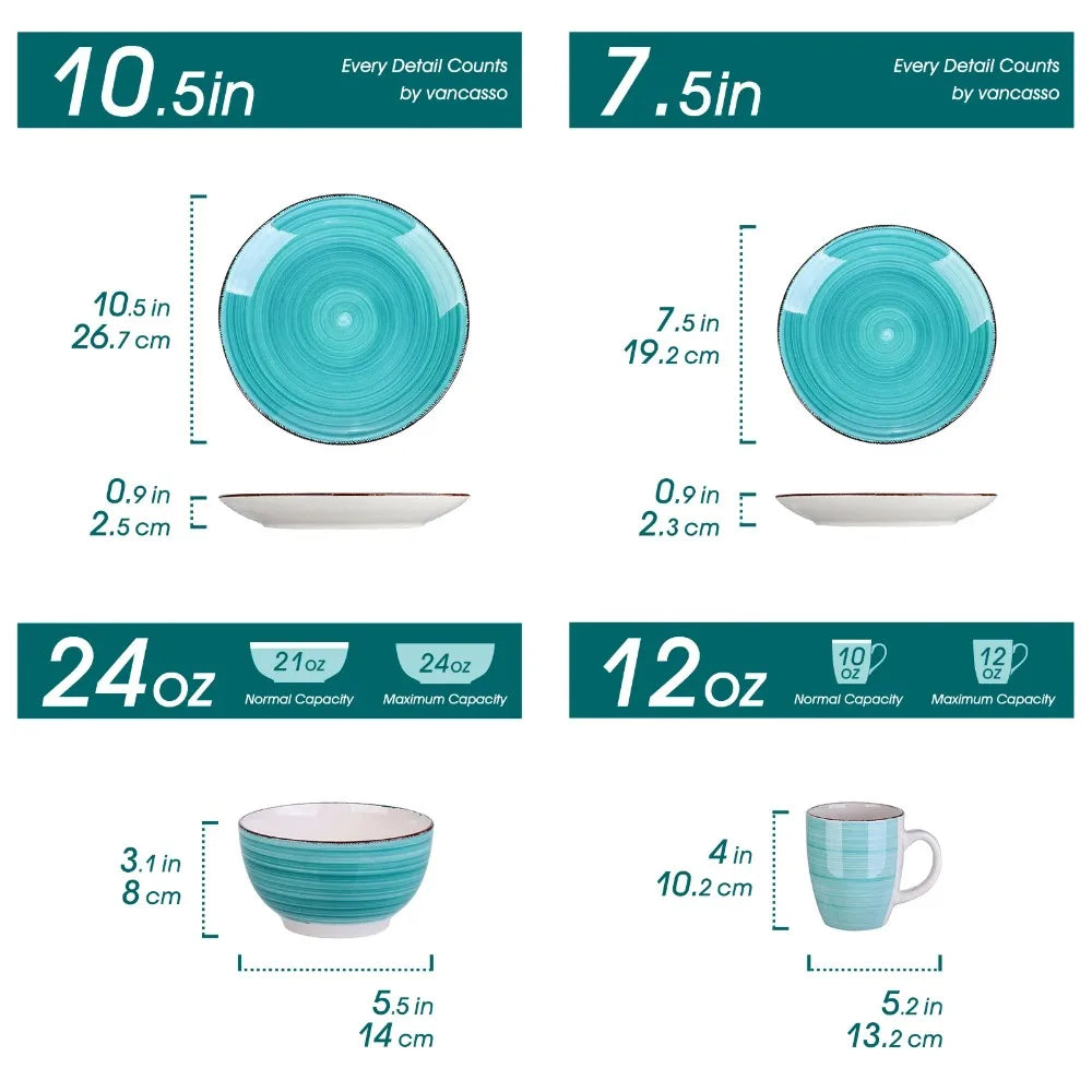 16-Piece Vintage Porcelain Dinnerware Set - Teal Ceramic Plates, Bowls & Mugs