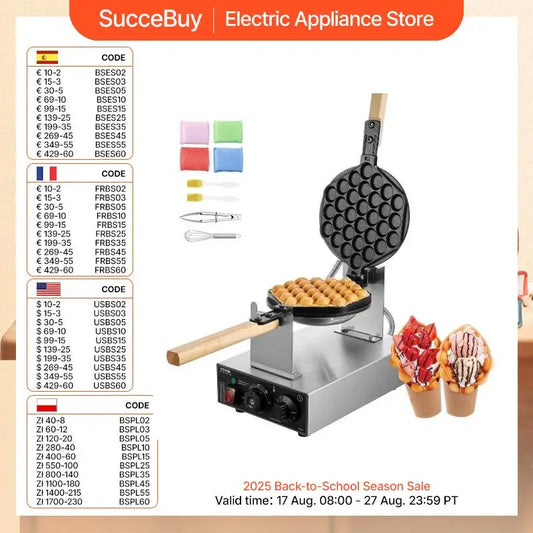Professional 1400W Bubble Waffle Maker - Electric Non-Stick Egg Puff & Hong Kong Waffle Iron with 180° Rotation