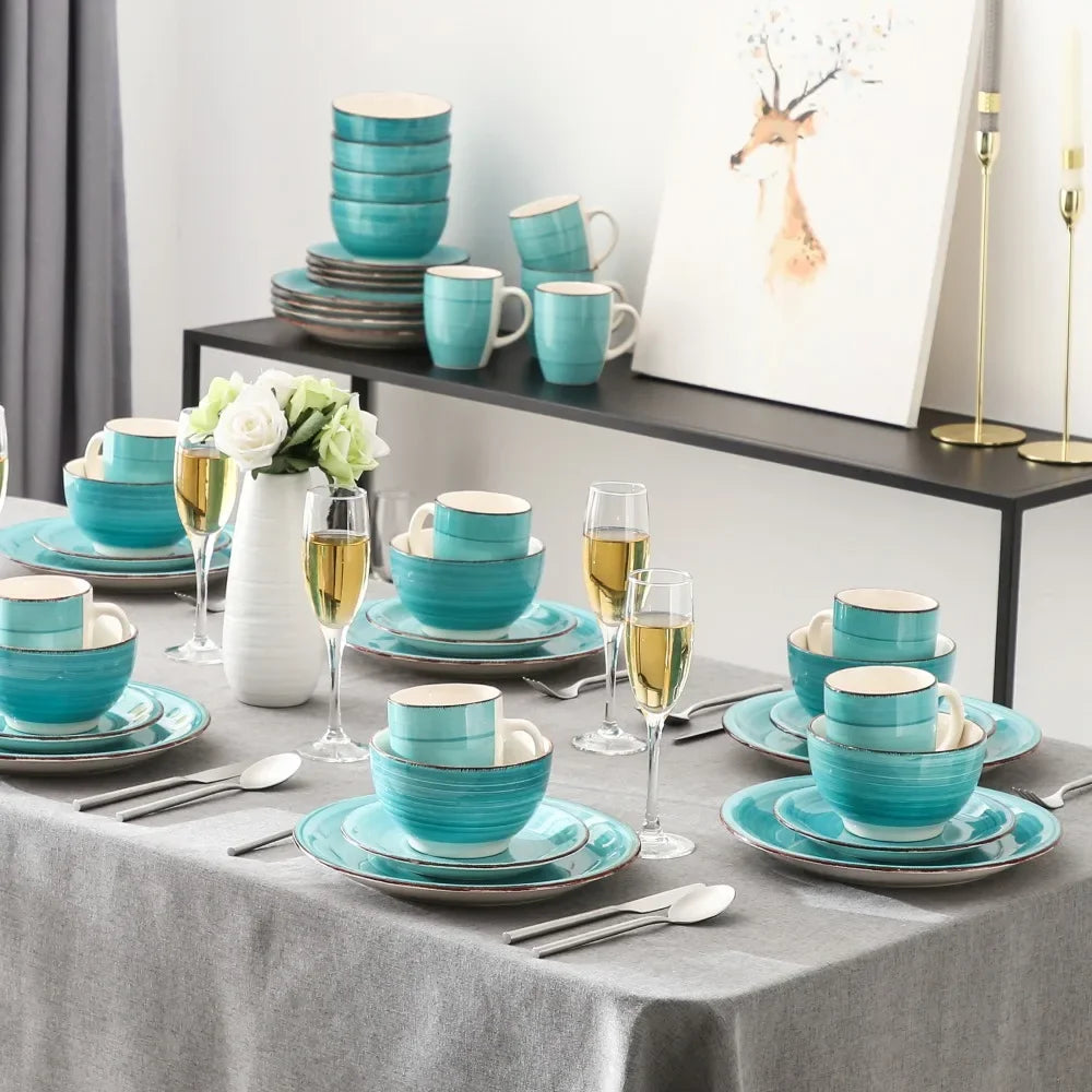 16-Piece Vintage Porcelain Dinnerware Set - Teal Ceramic Plates, Bowls & Mugs