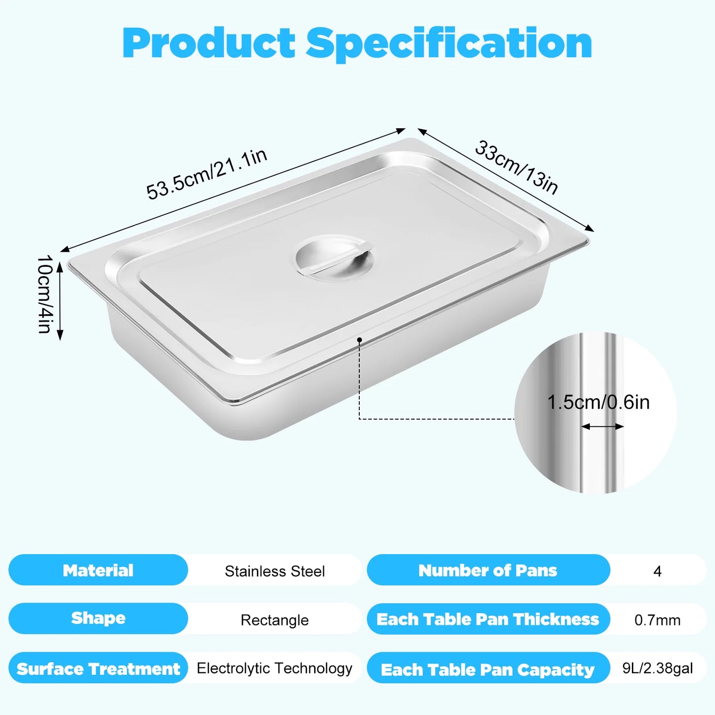 4-Pack Stainless Steel Gastronorm Pans with Lids
