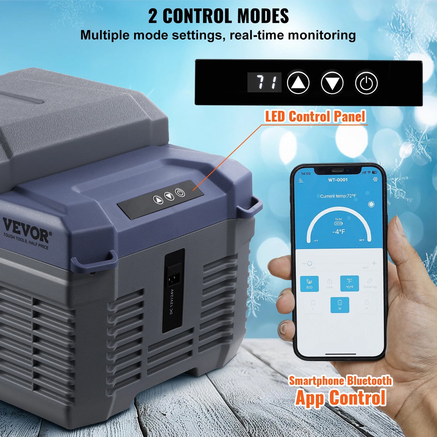 VEVOR 12L Portable Refrigerator Freezer with Bluetooth App | 12V/24V DC & AC Electric Cooler for Car, Camping & Truck
